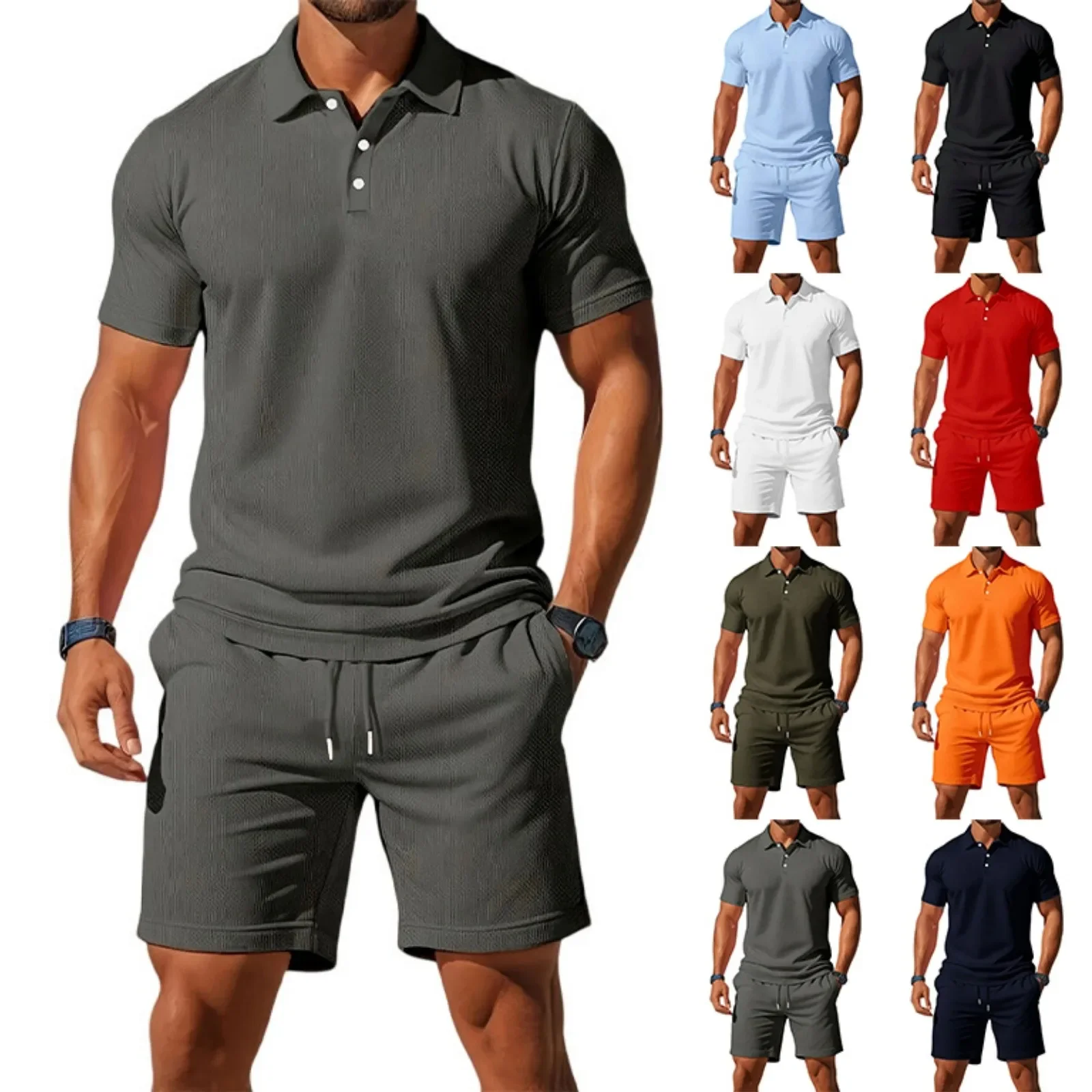 New Men's business Casual beach sports Two-piece set Drawstring elastic waist sports shorts set button access control lapel tops