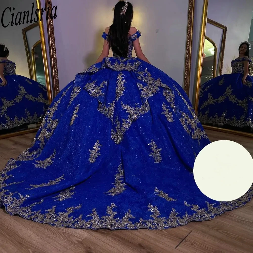 

Royal Blue Off The Shoulder Pleat Ball Gown Quinceanera Dress Gold Appliques Lace Beading Corset Vestidos De XV Años