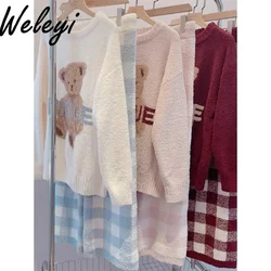 Japanese Sweet Warm Pique Loungewear Pants Suit Autumn and Winter Loose Soft Christmas Plaid Pajamas Top Women Pijamas Feminino