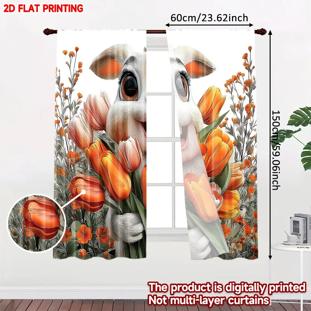 Impresión plana 2D, 2 uds., cortinas de poliéster con estampado Digital de Pascua feliz, decoración de fiesta familiar, perfecta para interiores
