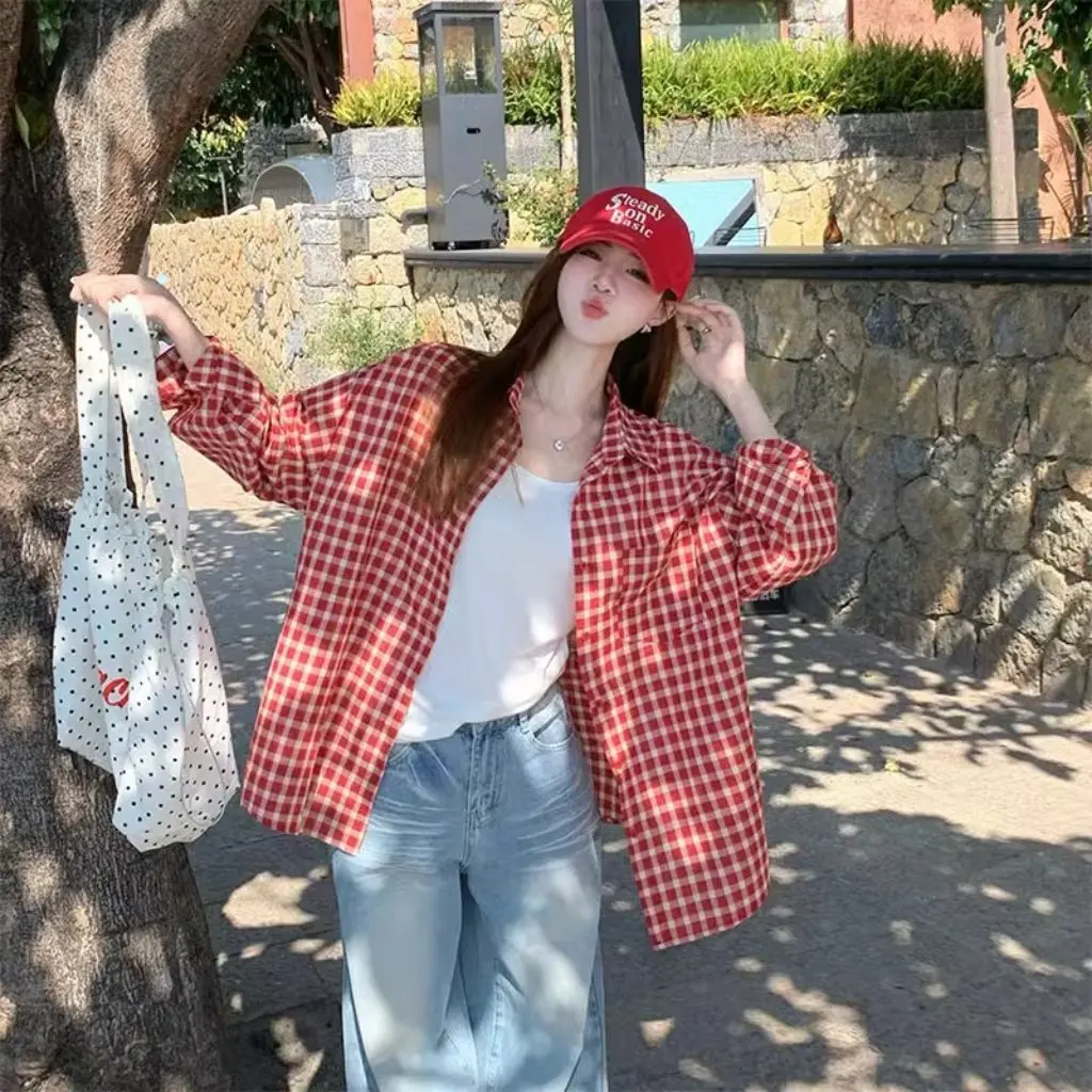 

Women's Retro Sweet Grid Red Plaid Shirt Jacket Casual Loose Fit Mid-Length Korean Style Autumn Outerwear
