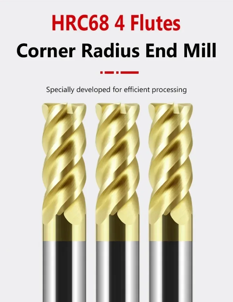 HRC68 4 Flutes R Corner Radius End Mill 5 6 7 8 Tungsten Carbide CNC Bullnose Milling Cutter for Kovar Nickel based Alloys