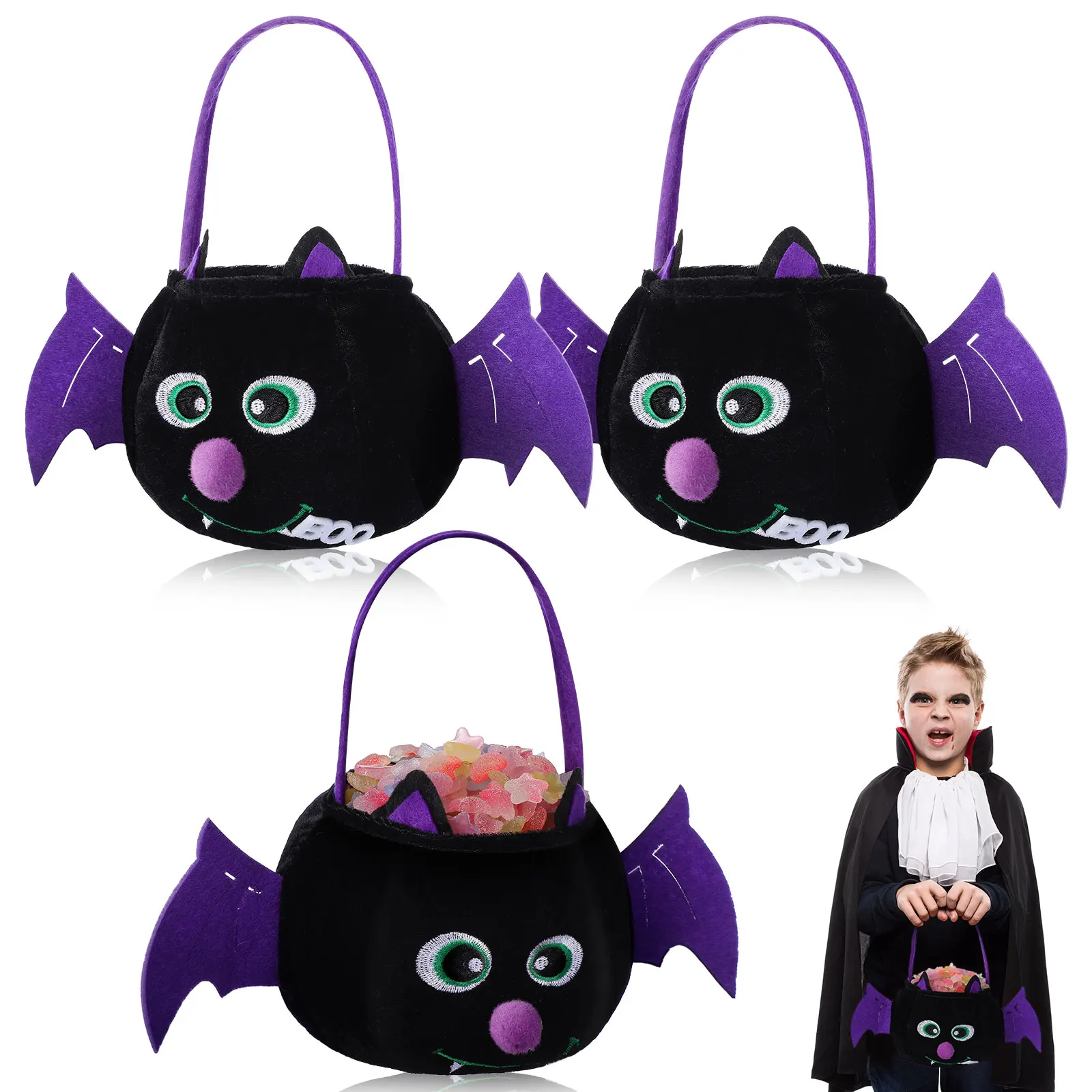 

3 шт., черная сумка для конфет с летучей мышью, большая вместительная сумка для Хэллоуина, ручное ведро с героями мультфильмов для трюков или обработки, вечеринки