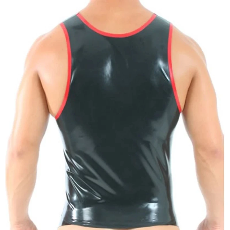 Sexy Natural Latex Man Shirt Black with Red Trim Front Zip Male Vest Rubber Top for Men Wear Handmade Latex Sleeveless Top