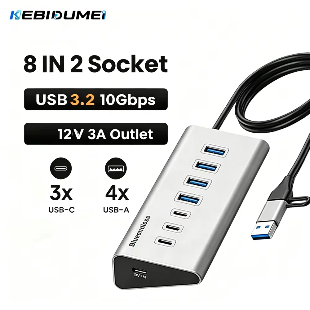 KEBIDUMEI USB C HUB 8-in-2 10Gbps USB3.2 Splitter Adapter for Laptop Macbook Pro USB Expander Docking Station Aluminum Alloy