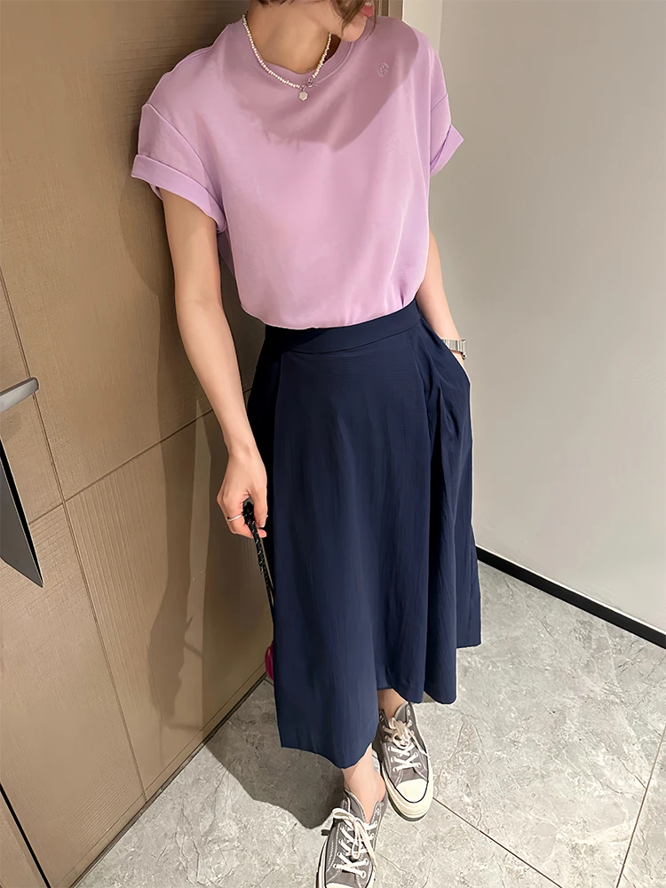 5Eleven Soft Skin-Friendly ort-Sve T-irt round Ne Loose Summer Pure Color Versatile Commute Japanese Sle Fre