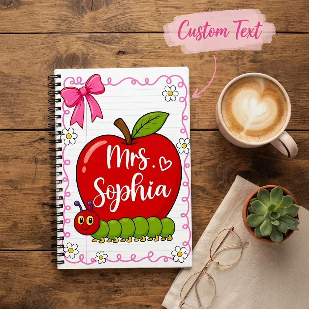 Custom Name Spiral Notebook,Teacher Pencil Bow Apple Design, Personalized Text Journal,Customized Stationery Gift for Educators