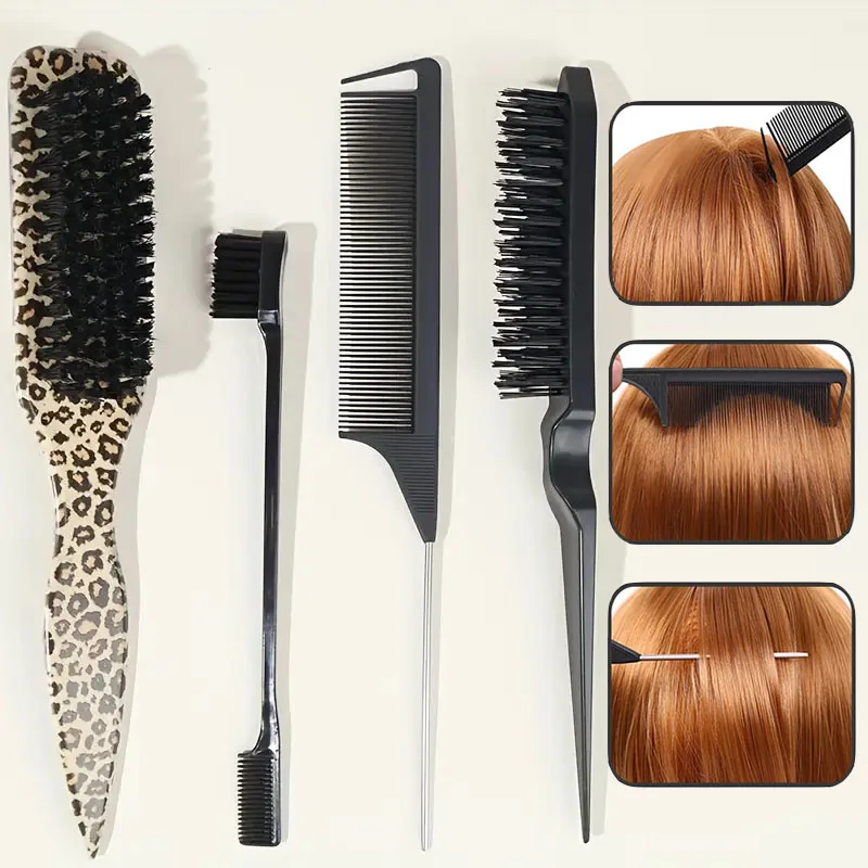 

4pcs Boar Bristle Slick Back Hair Brush Comb for Sleek Ponytail Bun Smoothing Hairs Edge Control Teasing Brush with Rat Tail