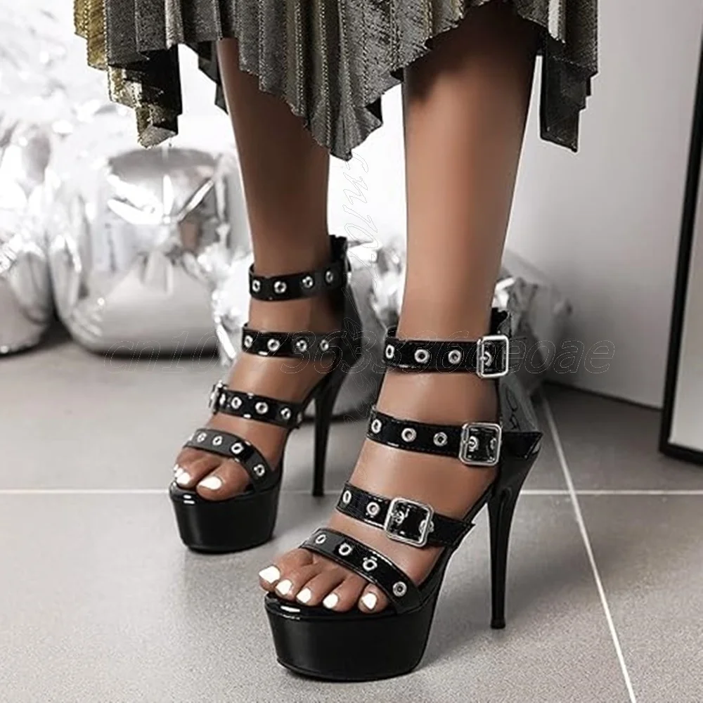 

Platform Rivet Decor Sandals Open Toe Buckle Belts Shoes for Women Patent Leather Thin High Heels Shoes 2025 Zapatos Para Mujere