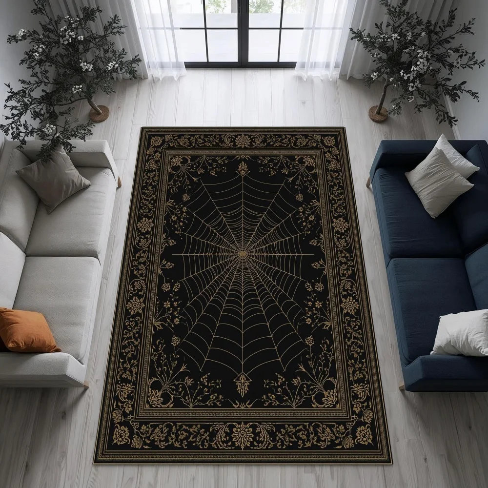 Golden Gothic Spider Web Floral Border carpet game room gaming console nook entry hallway Non Slip Rug Gift