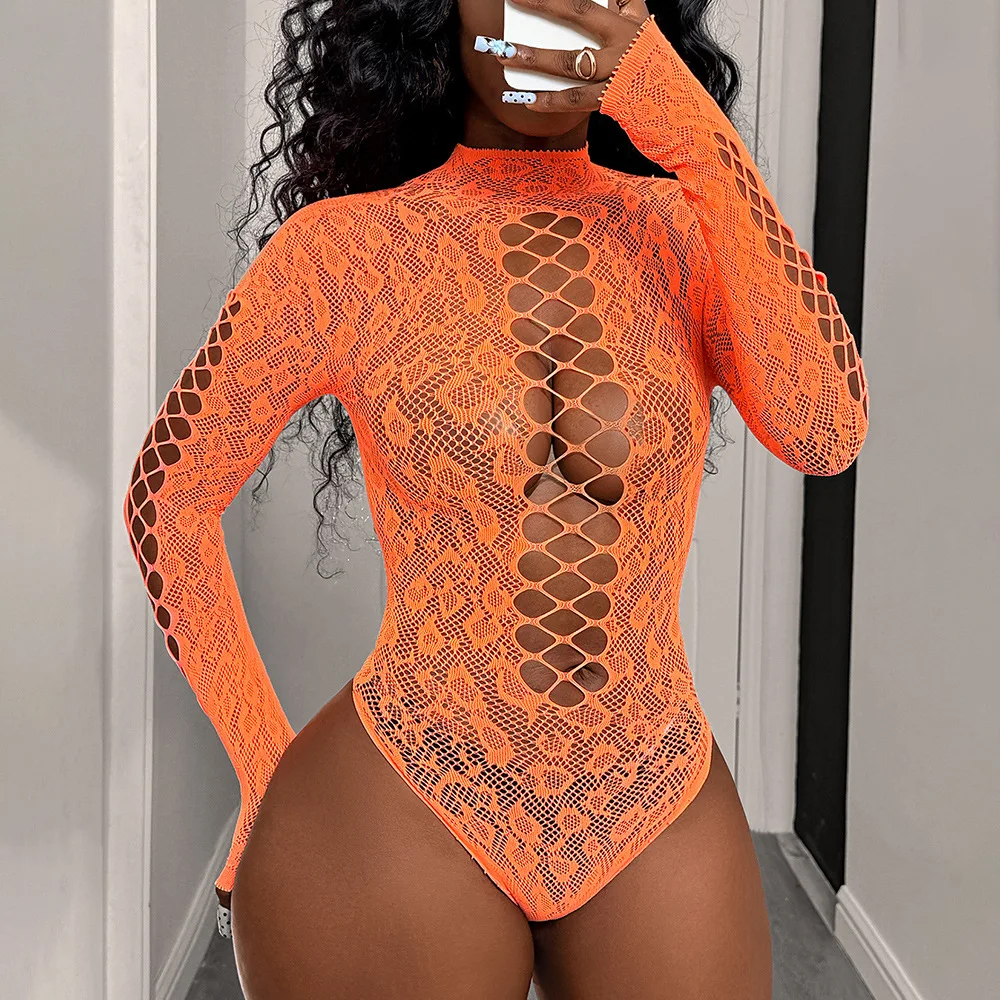 

Orange Bikini Lingerie Sexy Temptation Jacquard Hollow Tight Long Sleeve High Neck W684