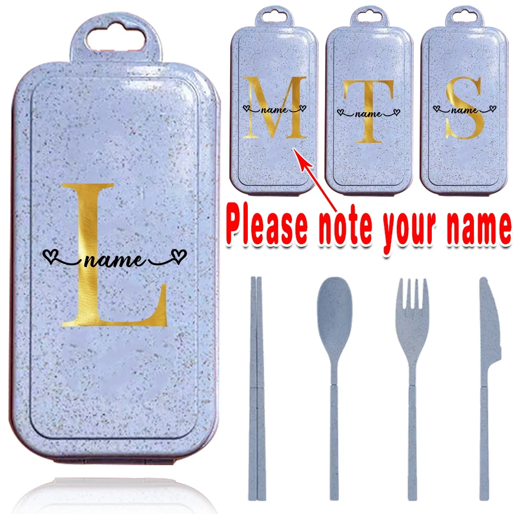 

4 Pcs Customized Name Wheat Straw Travel Utensils Set With Case Cutlery Kit Detachable Organizer Box Kitchen Tableware Customiz