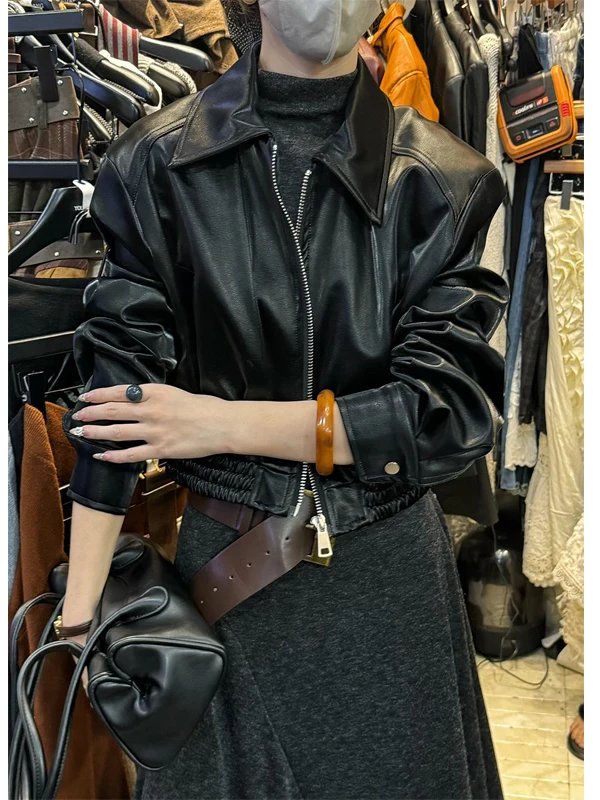 

Bla PU Leather Jaet Women's ort Sle Motorcycle Clothes Faionable Spring Season All-Match Commute Wind Loose Fit