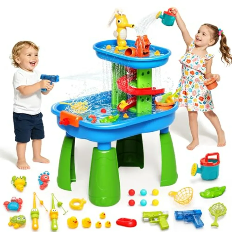 Outdoor water table for toddlers with 28-piece sand and water toy set, blue plastic sensory play table featuring rain shower sp