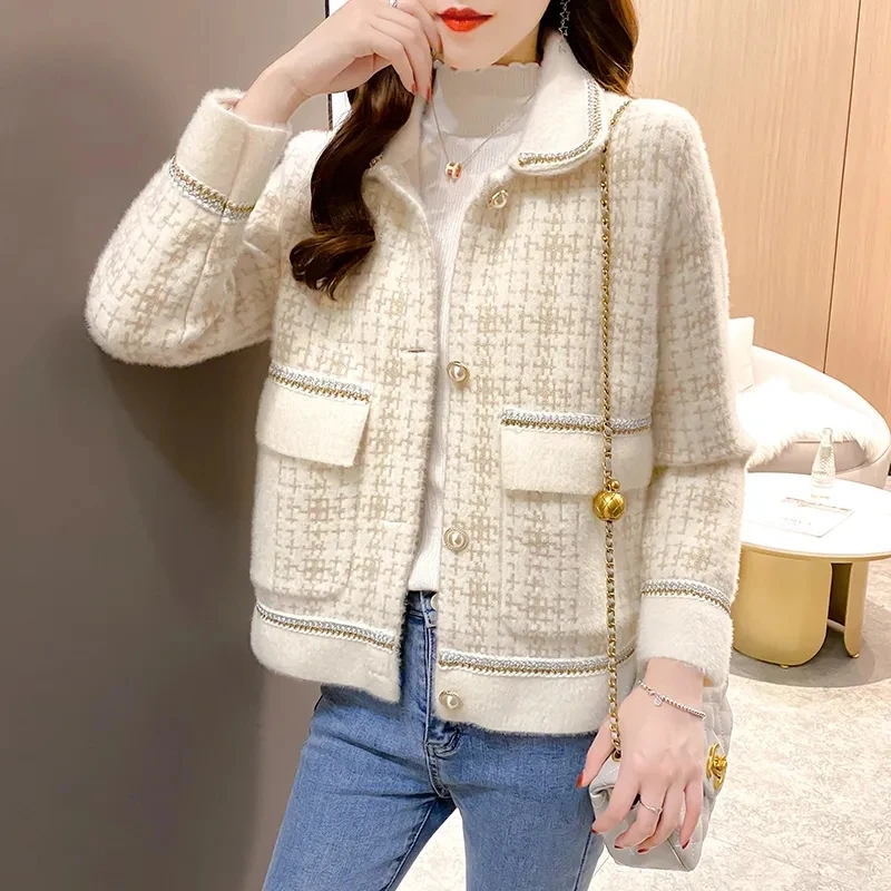 

Autumn Winter Imitate Mink Velvet Sweater Women Jacket 2023New Fashion Single-Breasted Coat Female Casual Outerwear Ladies Tops