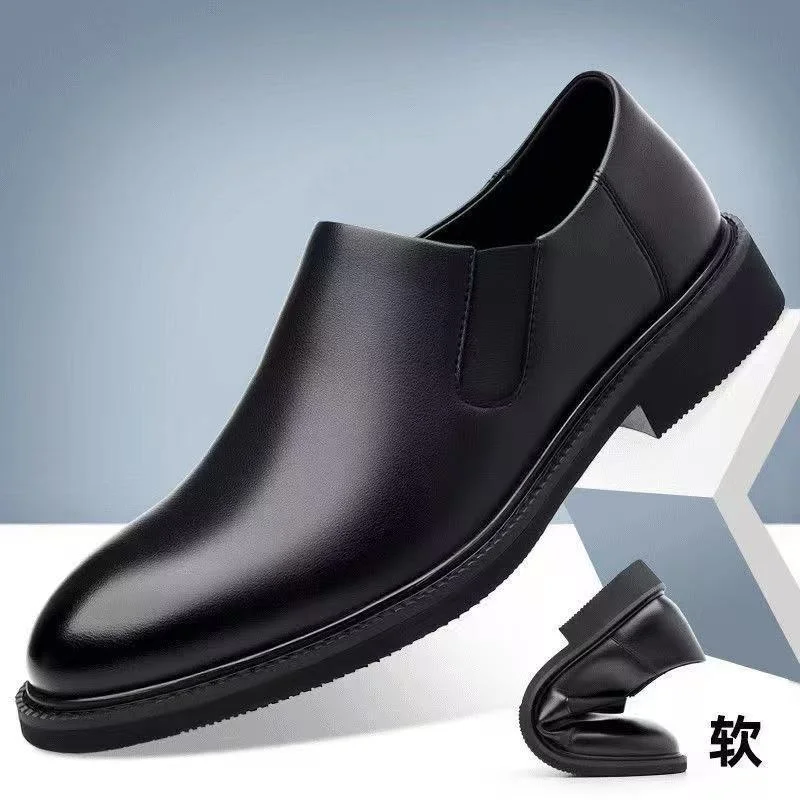 Men Round Toe Slip On Leather Dress Shoes, Breathable Comfort Business Formal Work Outdoor Casual Footwear