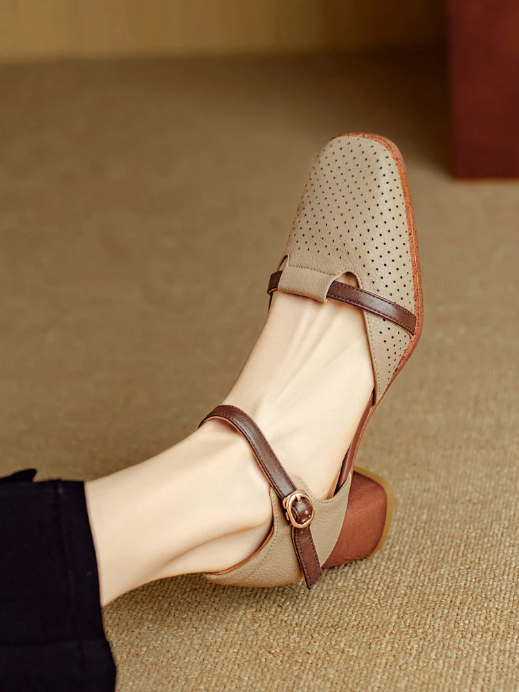 

Retro Spliced Color Thick Heel Sandals Women's Summer Outdoor Wear Headed mid Heel Mary Jane Women's Shoes Square Head Hollow...