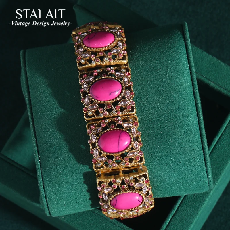 

Vintage Oval Rose Pink Stone Bracelets Natural Woman Antique Bangle High Quality Gold Color Charm Wedding Jewelry 2025 New