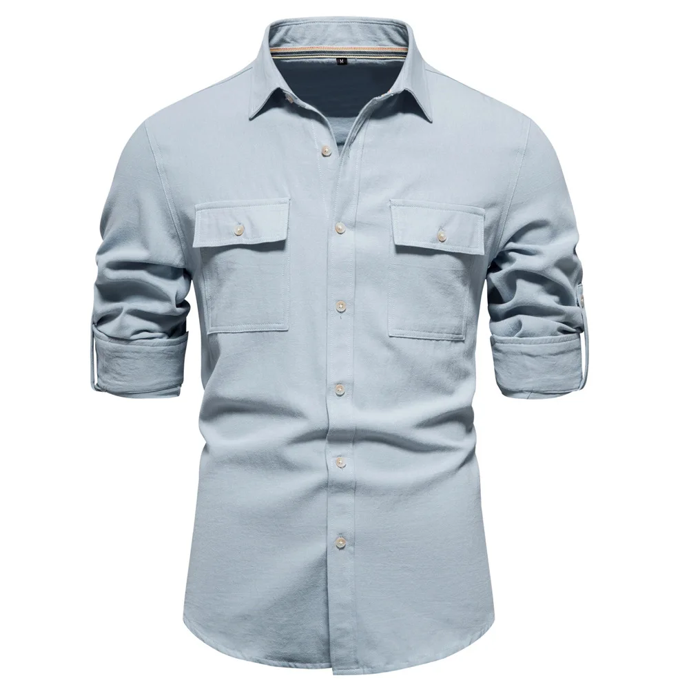 Men's Long Sleeve Shirt Casual Fashion Business Pure Color Male Model SH693 Spring Autumn Warmth Normal Thickness Cotton