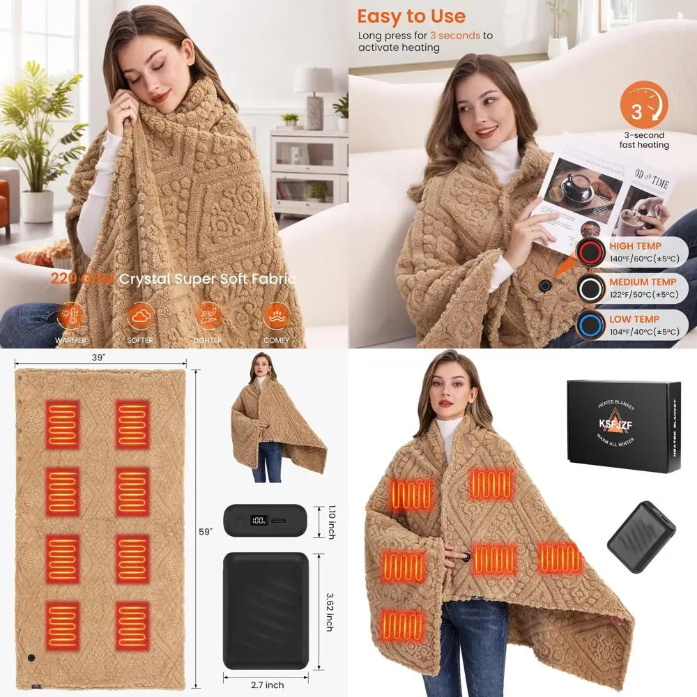 

Portable Cordless Faux Fur Heated Blanket with Power Bank, 3 Temperature Settings, 59x35.5 Camel