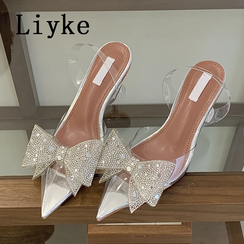 

Liyke Summer Fashion Crystal Bowknot Women Pumps Sexy Pointed Toe Clear High Heels Wedding Prom Shoes PVC Transparent Sandals