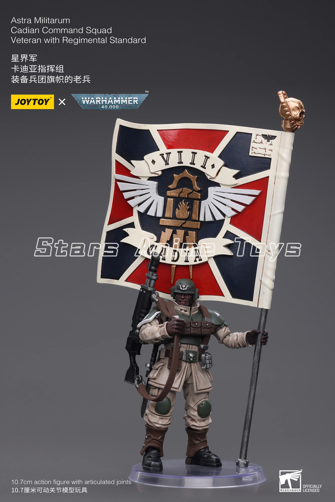Original JOYTOY 1/18 Action Figure WARHAMMER 40000 Astra Militarum Cadian Command Squad Veteran with Registal Standard Model Toy