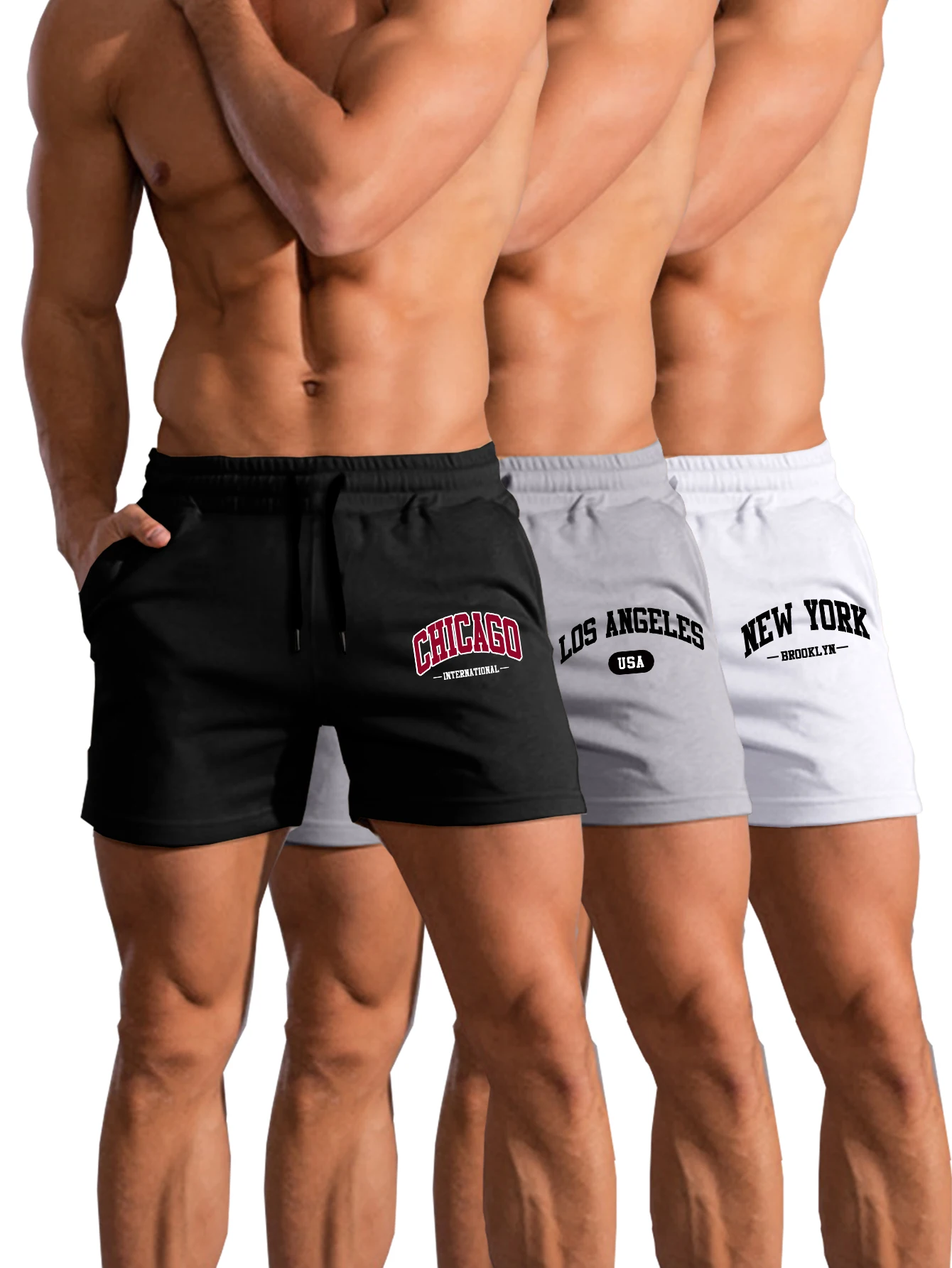 

Комплект из 3 мужских летних шорт с буквенным принтом Лос-Анджелеса и Нью-Йорка — доступен в черно-серо-белом цвете.