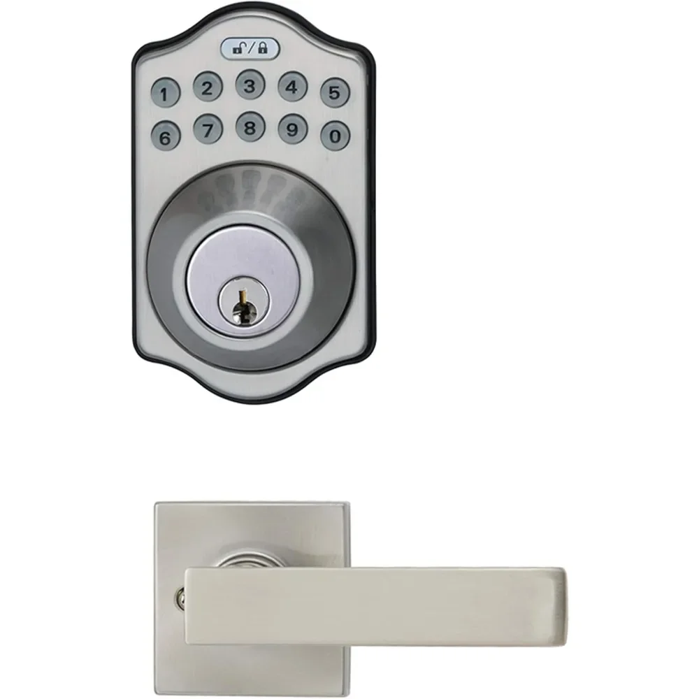 Contemporary Electronic Keypad Deadbolt Door Lock with Passage Lever, Satin Nickel, 4.56 x 3.01 x 0.1 inches (LxWxH)