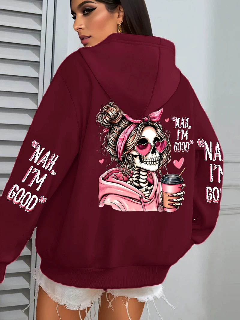 I'm Good Coffee Skull Lustiger Druck Damen-Hoodie, lockerer Jogging-Pullover, Fleece, Herbst-Sportbekleidung, lässiger Y2K-Unisex-Hoodie – Detail 7