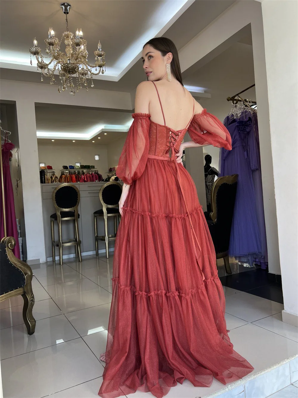 Jessica Spaghetti gaun Prom lengan Puff tali gaun malam celah samping Tulle gaun pesta pernikahan jubah berbentuk A De Soiree