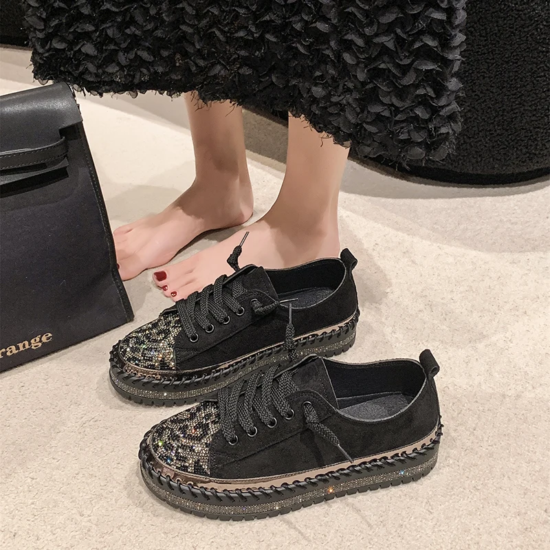 Mocasines de gamuza de otoño, Zapatos planos de lujo con cristales, Zapatos deportivos informales con patrón de leopardo a la moda de encaje de diseñador para Mujer