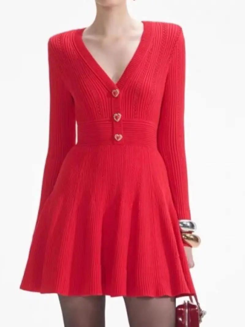 Autumn Winter Women\'s Red Knitted Dress Heart-Shaped Buttons V-Neck Long Sleeve Elastic Waist Elegant Slim Mini Robe