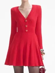 Autumn Winter Women's Red Knitted Dress Heart-Shaped Buttons V-Neck Long Sleeve Elastic Waist Elegant Slim Mini Robe