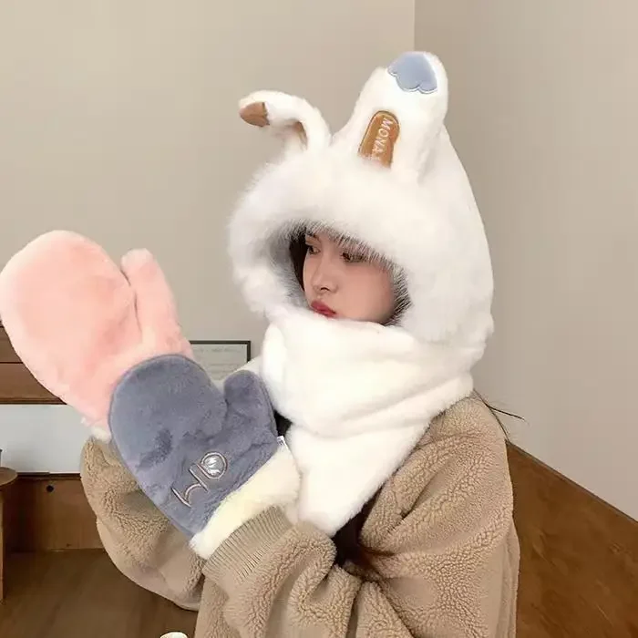 مجموعة قبعة وأذن أرنب قطيفة ووشاح وقفازات - شتاء دافئ 3 في 1 للنساء #4