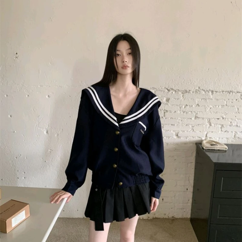 

Noble Navy Collar Jacket Loose Vintage Big Lapel Cardigan College Feng Shui Hand Collar Jacket for Women