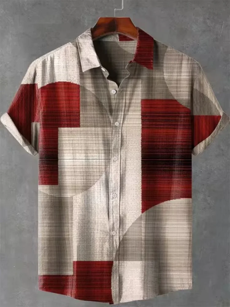 Men's collar short sleeved shirt, retro geometric color block abstract printed shirt, summer loose casual beach cardigan top