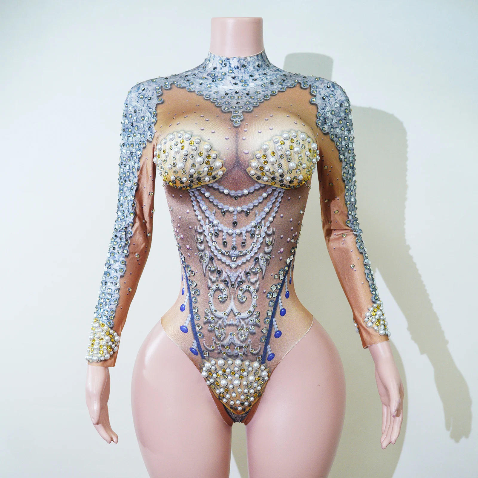 

Jewelry Print Rhinestone High Neck Long Sleeve Bodysuit Drag Queens Costume Stage Costumes Show Outfits