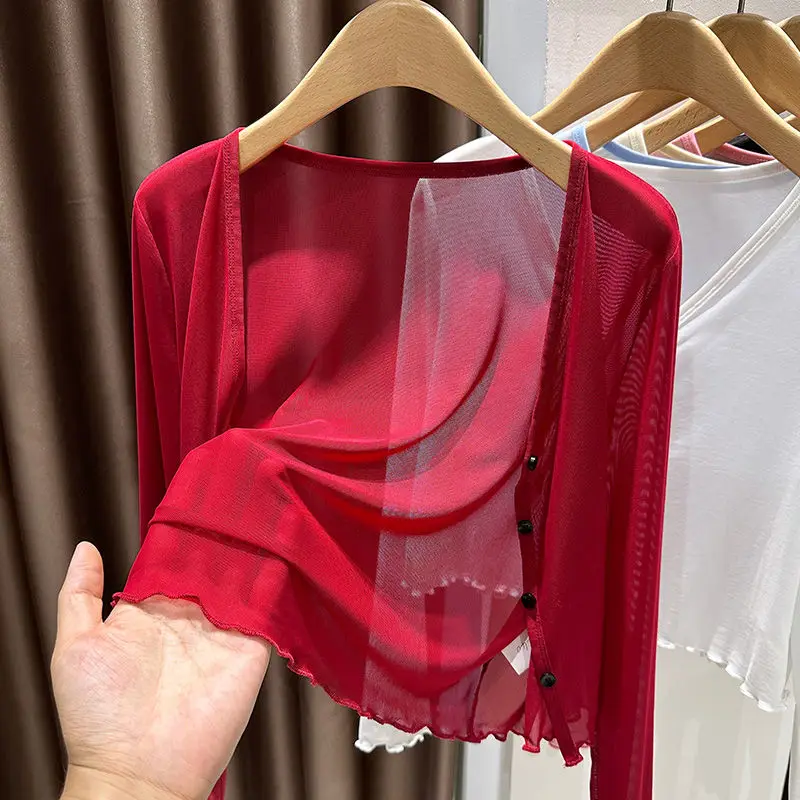 plus Size Ice Silk Mesh Sun Protection Women's Cardigan Lace Trim Dress Cover up Air Conditioning Top V Neck Short Sleeve