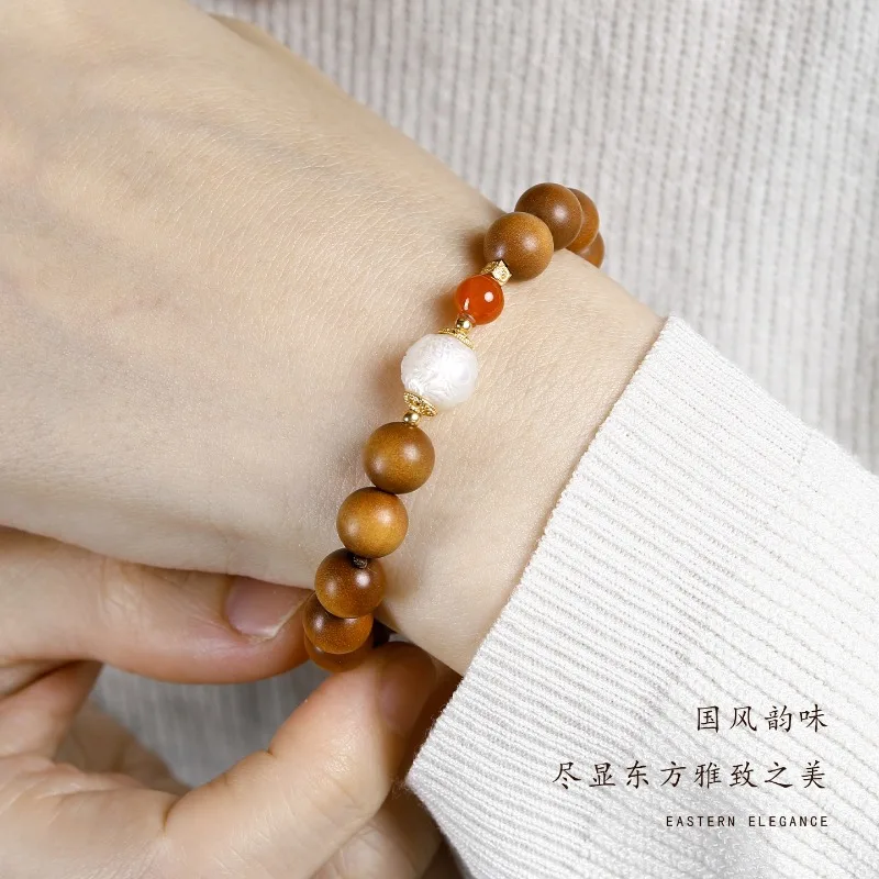 8mm Single Circle Old Indian Sandalwood Bracelet with Pearl & Carved Dragon Agate, New Chinese Style Unisex Prayer Beads Gift