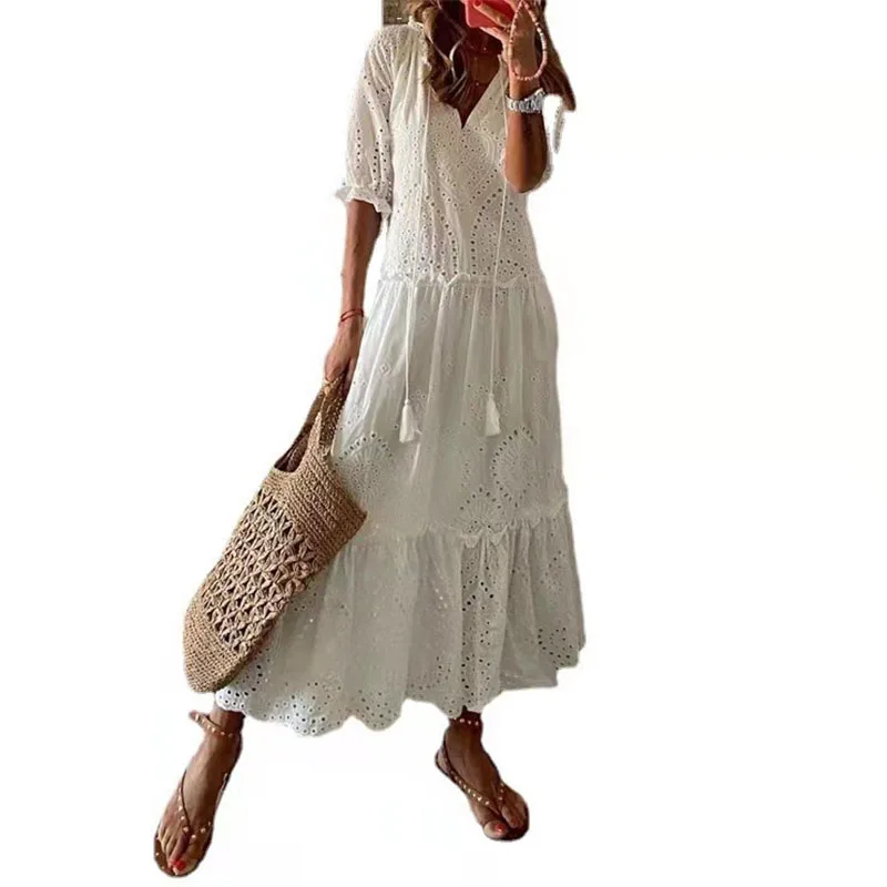Lässiges, lockeres Boho-Damen-Sommer-langes Kleid, elegant, aushöhlen, V-Ausschnitt, weißes Strand-Sommerkleid, Vintage-Blumendruck, Maxikleider