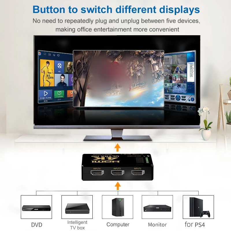 Selector de interruptor con 5 entradas en 1, Hub divisor HD 4K x 2K, conmutador compatible con HDMI con IR Remote 3D para PS3, Xbox 360, HDTV, 1x5 puertos