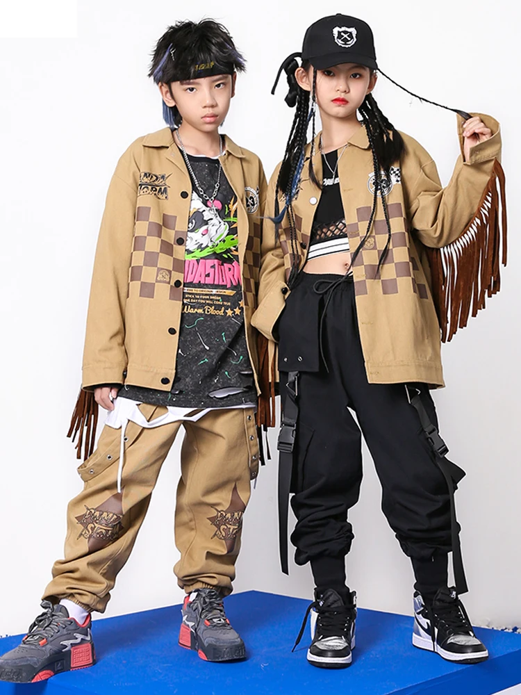 

Khaki Hip Hop Suit For Girls Boys Performance Costume Long Sleeved Coat Pants Loose Jazz Dance Clothes Tassel Stage Wear BL9553