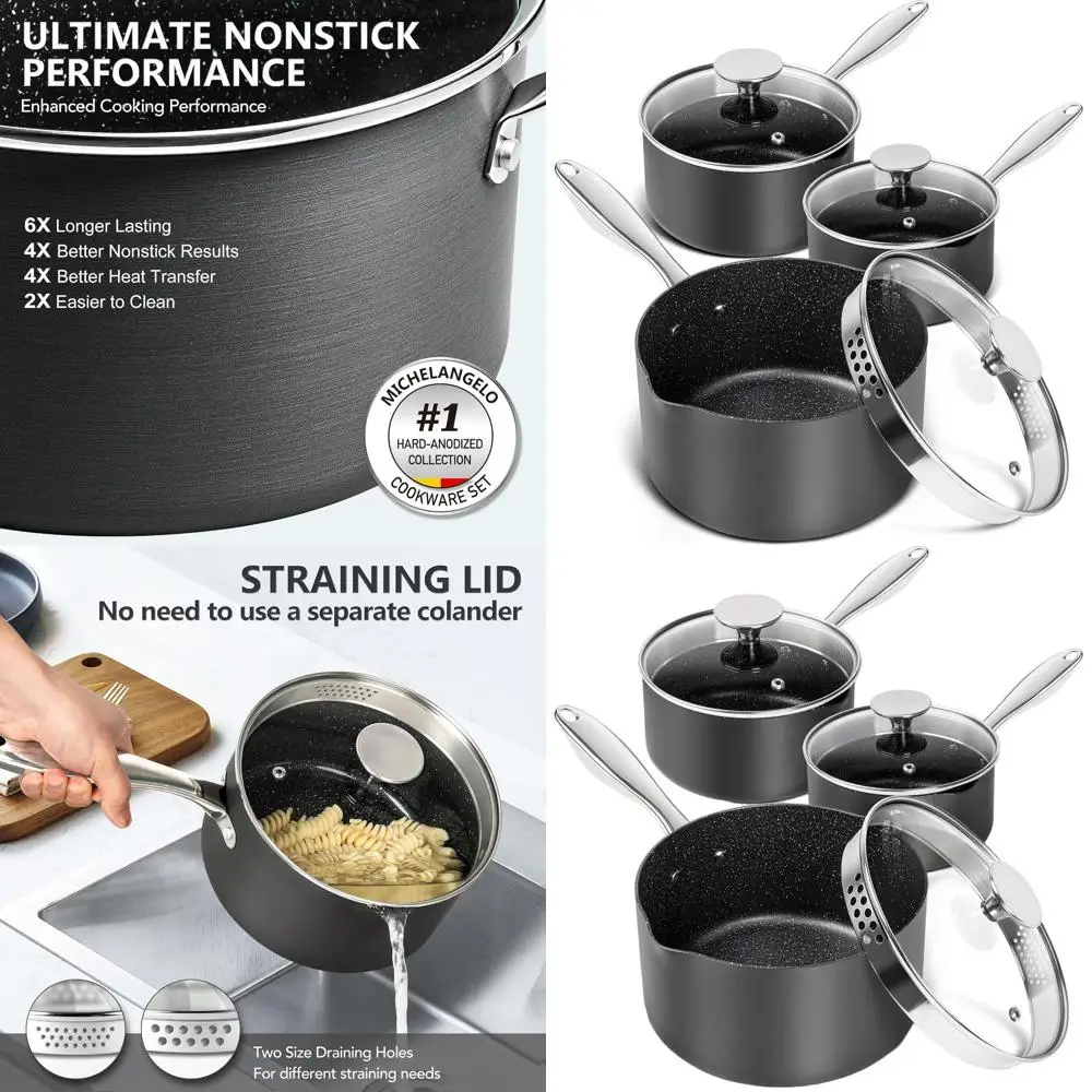 

Nonstick Induction Saucepan Set with Pour Spouts and Strainer Lids, Granite Coating, 1.5QT, 2QT, 3QT Pans
