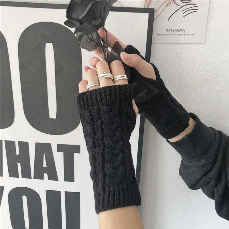 1Pair Winter Half Finger Gloves Women Girls Warm Knitted Gloves Solid Color Knitting Short Glove Punk Gothic Fingerless Mittens