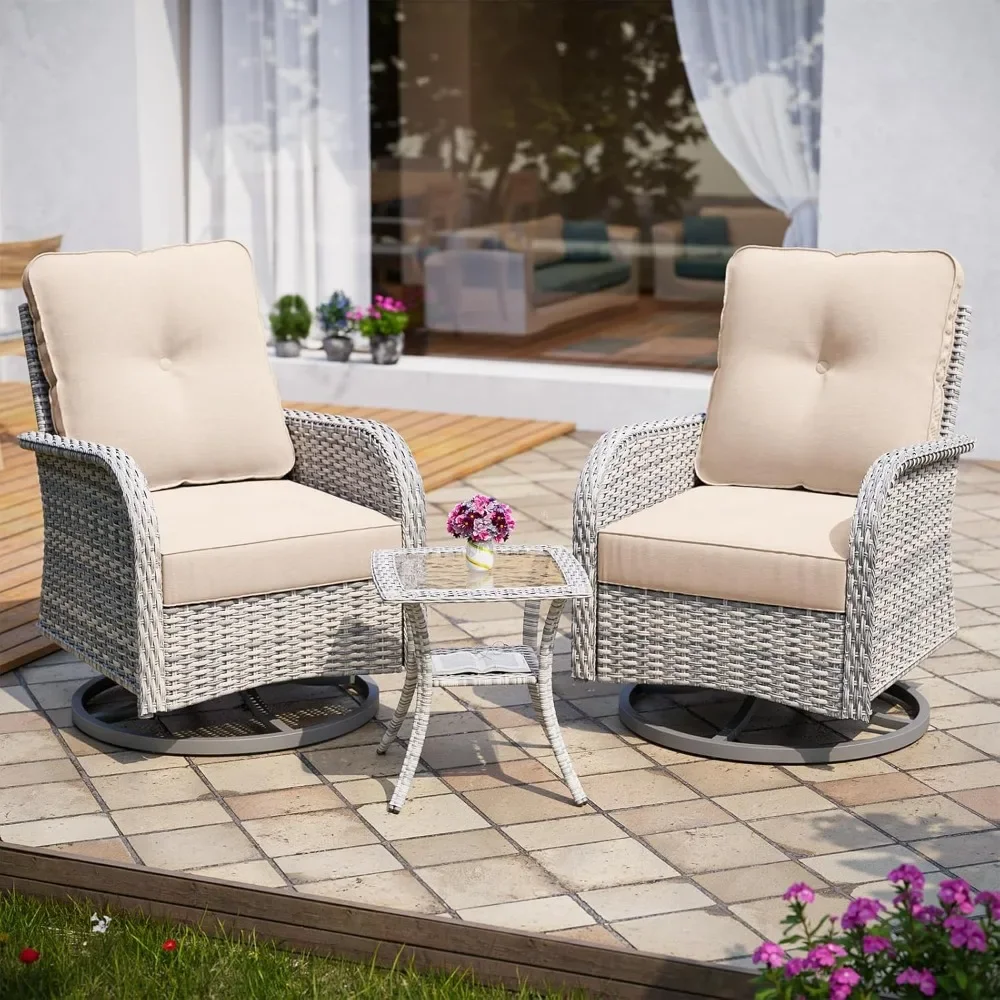 

3-piece Small Terrace Furniture Set, Outdoor Swivel Rocking Chair Set, with Wicker Chairs and Tempered Glass Edge Table