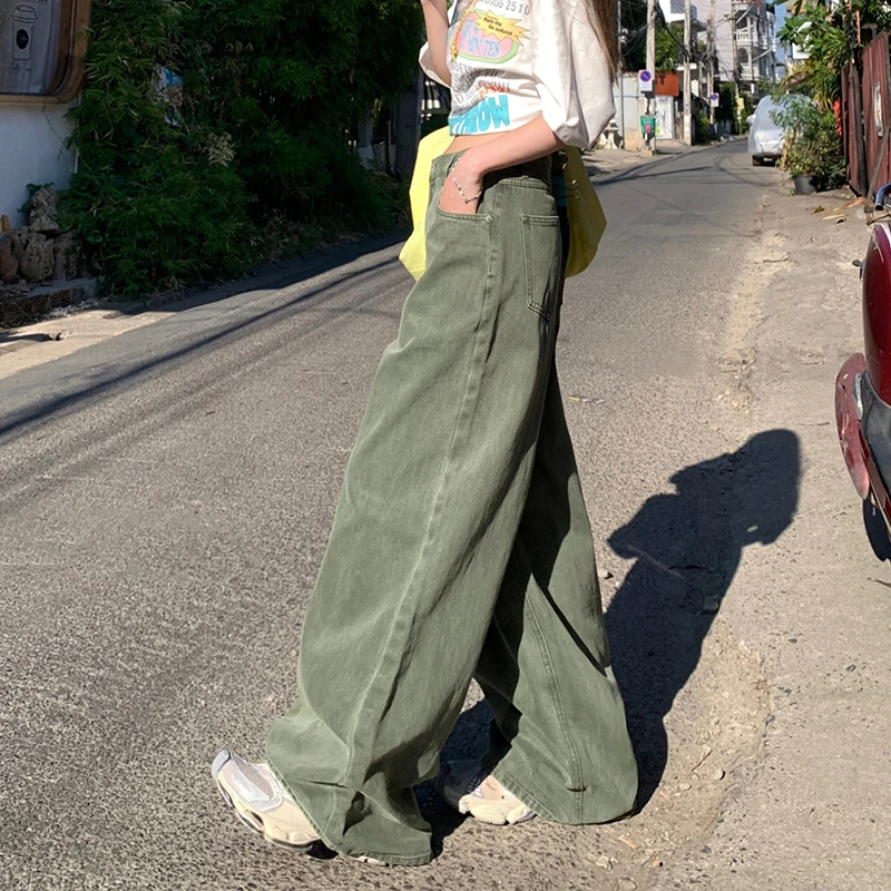 KSTUN 2026 Green Jeans Women Streetwear Straight Loose Retro Fashion High Waist Wide Leg Denim Pants  Boyfriend Jeans for Ladies