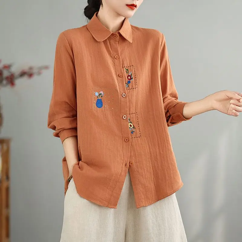 

Retro Cotton and Linen Long-sleeved Shirt Spring and Autumn New Loose Printed Lapel Top