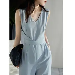 Bohemian Fashion Sleeveless Jumpsuits Women's Fashion 2024 Summer Thin Solid Color High Waist Zipper Pockets Wide Leg Pants Set