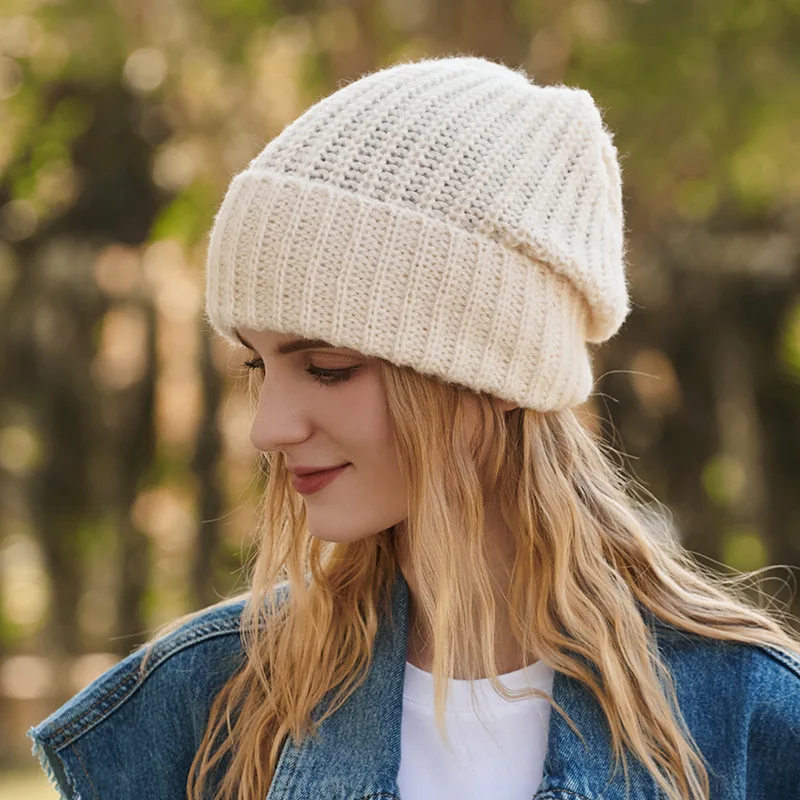 

2022 Newest Knitting Winter Hat For Women Beanie Caps Outdoor Ear Protection Warmth Bonnet Cap Solid White Knitted Hat For Girls