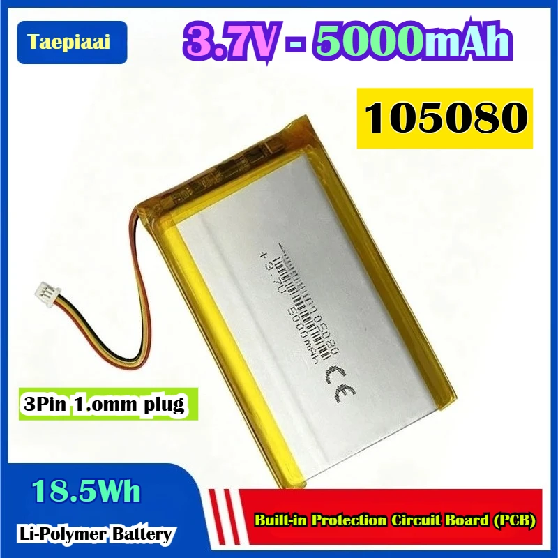 

3.7V 5000mAh Li-Polymer Replacement Li Lipo Battery 105080 JST 2Pin 1.0/1.25/1.5/2.0/2.54mm Connector for GPS Camera LED